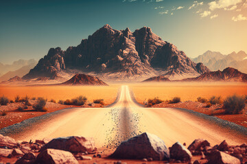 Fototapeta na wymiar a road through a sandy desert with mountains in the background. Generative AI