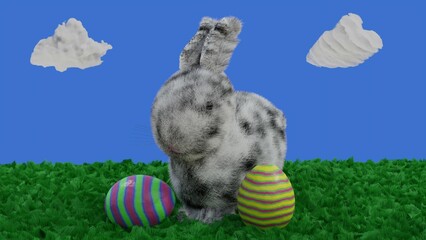 Rabbit on grass with eggs and clouds