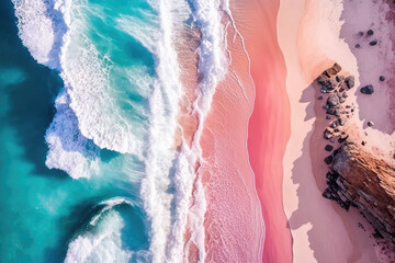 aerial view of a spectacular pink beach with waves. Generative AI