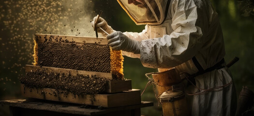 beekeeper works with his bees on honey. Generative AI