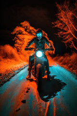 Zombie riding a motorcycle in a red hazy road in the forest at night, Undead horror concept. Generative AI	