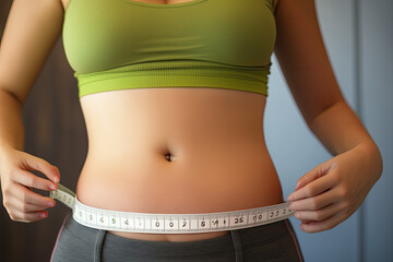 closeup of a slim woman measuring her waist measurement. Generative AI