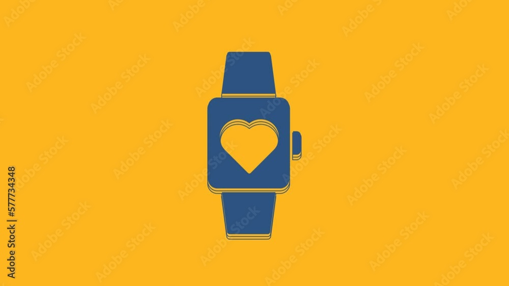 Poster blue heart in the center wrist watch icon isolated on orange background. valentines day. 4k video mo