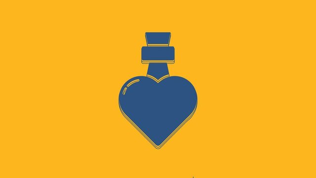 Blue Bottle with love potion icon isolated on orange background. Valentines day symbol. 4K Video motion graphic animation