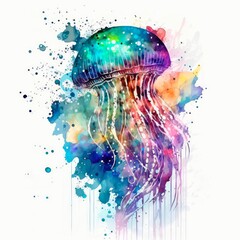 Obraz na płótnie Canvas Abstract watercolor illustration of a jellyfish underwater. Colorful drawing of a medusa in aquarelle style with paint splatters. Generative AI art.