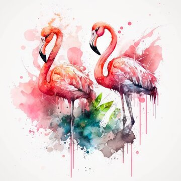 Watercolor illustration of two pink flamingos on white background. Abstract painting of beautiful flamingos pair in aquarelle style with paint splashes. Generative AI art.
