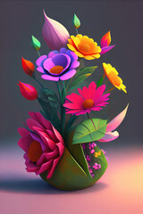 Colorful 3d flower bouquet illustration. Ai generated art.