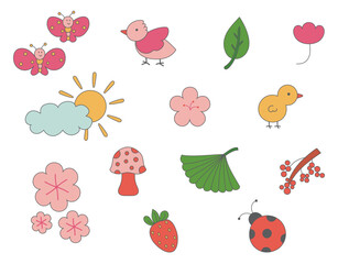 Springtime icons -  Colorful, vector clip art collection of flowers, birds, and butterflies for Your Seasonal Designs and Projects!