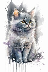 Adorable gray cat in aquarelle style. Vertical watercolor illustration of a cute little gray kitten with paint splatters. Generative AI art.