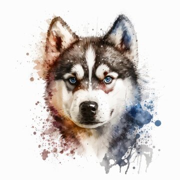 Watercolor drawing of a cute siberian husky on white background. Abstract illustration of a little pretty husky in aquarelle style with paint splashes. Generative AI art.