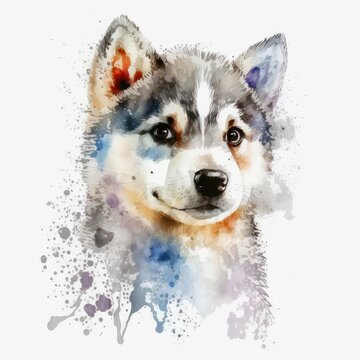 Watercolor drawing of a cute siberian husky on white background. Abstract illustration of a little pretty husky in aquarelle style with paint splashes. Generative AI art.