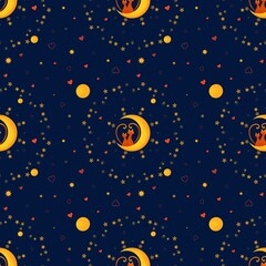 Seamless pattern cute cats in love on the moon