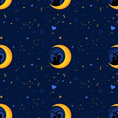 Seamless pattern cute cats in love on the moon