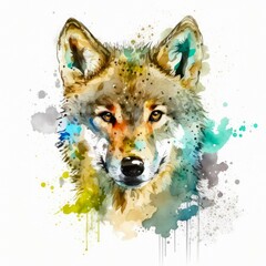 Beautiful gray wolf in aquarelle style. Watercolor illustration of a pretty dog on white background. Generative AI art.