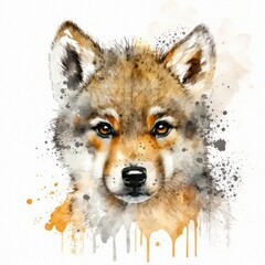 Cute baby wolf. Watercolor illustration of a pretty dog on white background. Generative AI art.