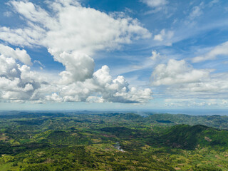 Top view of farmland on the slopes of hills in the mountainous region. Negros, Philippines