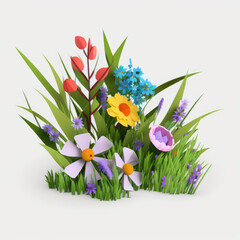3d spring flowers with leaves and grass
