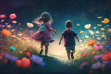 Frühling, fröhliche Kinder springen über die Frühlingswiese, generative AI - obrazy, fototapety, plakaty