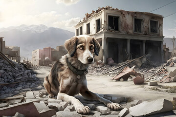 A dog sits in the rubble of houses after the earthquake. Generative AI content