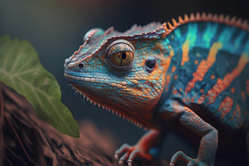 Fototapeta premium Multicolored chameleon close-up. AI generated