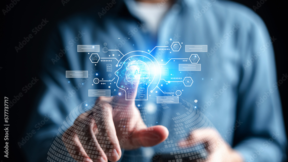 Poster Businessman using chatbot in smartphone intelligence Ai. Chat with AI Artificial Intelligence, developed by OpenAI generate. Futuristic technology, robot in online system...