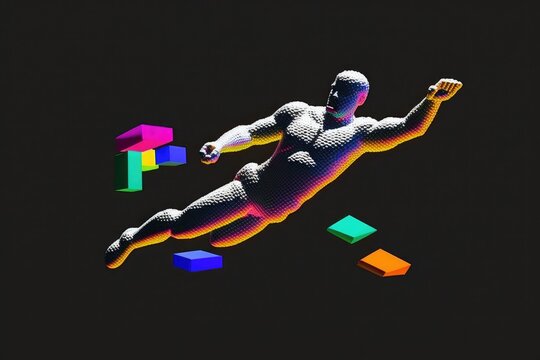 Floating or flying human silhouette with colorful geometric shapes, voxel graphics. Generative ai.