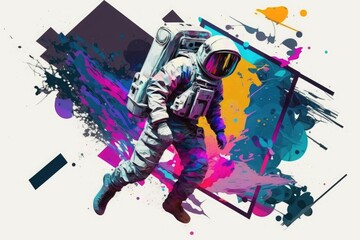 Modern digital art, astronaut on the background of multi-colored spots. Generative ai.
