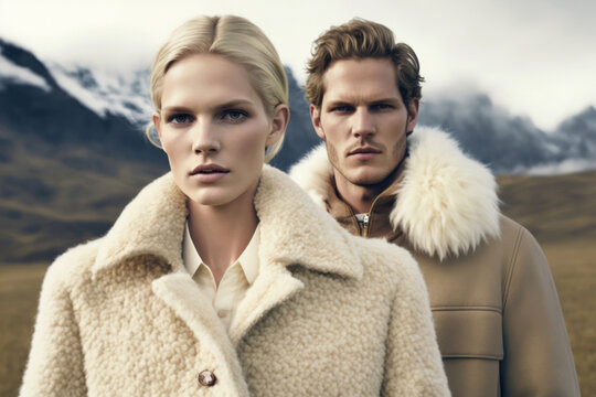 Beautiful blonde woman and man in modern white sheepskin coats on a cloudy meadow against the backdrop of mountains. Photorealistic drawing generated by AI.