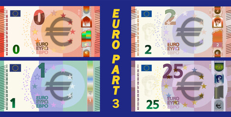 A fictional set of obverse of European Union paper money. Banknotes in denominations of zero, one, two, twenty five euros. Part three - obrazy, fototapety, plakaty