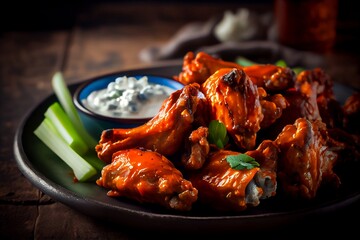 Spicy Buffalo Wings with Blue Cheese Dressing on a Plate, Generative AI