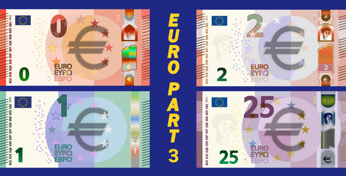 A fictional set of obverse of European Union paper money. Banknotes in denominations of zero, one, two, twenty five euros. Part three