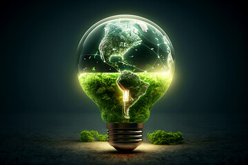 The green world map is on a light bulb that represents green energy Renewable energy that is important to the world, AI
