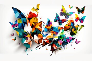 abstract multicolored butterflies on white background with art paper collage, created with generative ai