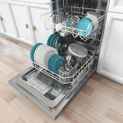 Open  dishwasher  with clean dishes inside in kitchen.