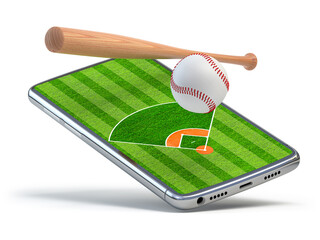 Baseball smartphone online video game app. Mobile phone with a baseball field on a screen with baseball ball and bat.