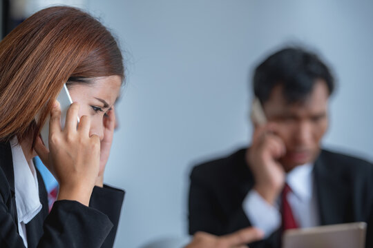 Frustrated Brunette Tired Woman Talking On Phone Stressed Upset In Troubles With Bad News. Cell Phone Feel Hopelessly Upset Unhappy .