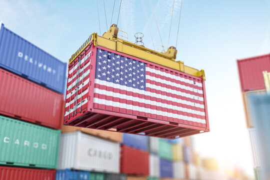 Cargo shipping container with USA United States flag in a port harbor. Production, delivery, shipping and freight transportation of american products concept.