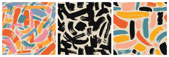 Colorful abstract brush stroke painting seamless pattern illustration. Modern paint line background in fun summer color. Messy graffiti sketch wallpaper print, freehand rough hand drawn texture.