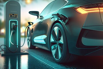 Fototapeta na wymiar Closeup Electric car at charging station,Generative AI