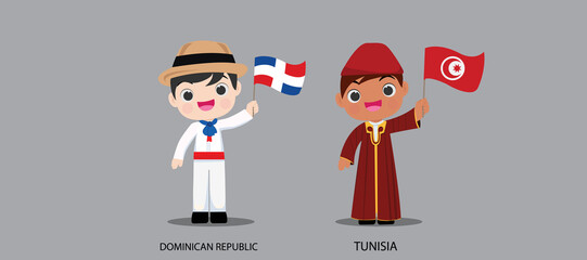 Obraz na płótnie Canvas People in national dress.Dominican Republic,Tunisia,Set of pairs dressed in traditional costume. National clothes. Vector illustration.