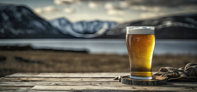 Icy cold beer in a frosted glass on a rustic wooden table with a lake and mountains in the background - Generative AI
