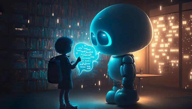 Children talking with robotic ai,chat bot.futuristic technology or machine learning data development concepts.ai generated technology