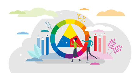 Color wheel scheme, flat tiny person illustration, transparent background. Creative designers picking color palette and creating color harmony for arts project. Abstract modern scene.