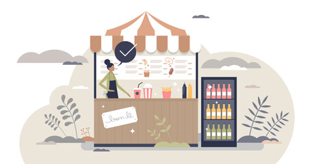 Fototapeta na wymiar Concession stand with fast food, snacks and drinks store tiny person concept, transparent background. Retail tent with beverage and outdoor eating service illustration.