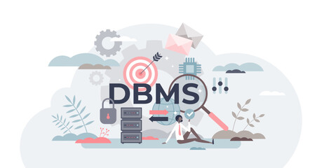 Database management systems or DBMS software tool usage outline diagram, transparent background. Application or website method to store, retrieve, and run queries on data illustration.