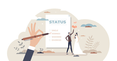 Marital status change with couple relationship type tiny person concept, transparent background. Checkbox list with single, married, widowed and divorced options for couple illustration. - obrazy, fototapety, plakaty