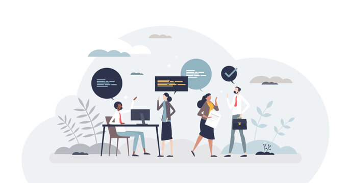 Interpersonal skills as ability to communicate and talk tiny person concept, transparent background. Workplace soft skill for professional collaboration and interaction with colleagues illustration.