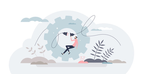 System integration as database connection and merge tiny person concept, transparent background. Process of joining business subsystem information together.