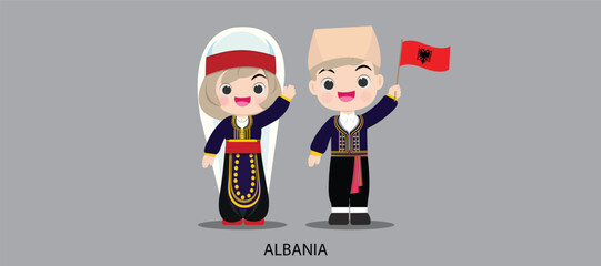 Fototapeta premium national dress with a flag. Man and woman in traditional costume. Travel to Albania. People. Vector flat illustration.