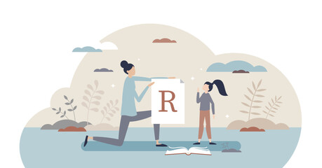 Speech therapist lesson for letter pronunciation problems tiny person concept, transparent background. Child communication therapy in private exercise illustration. Preschool practicing and help.